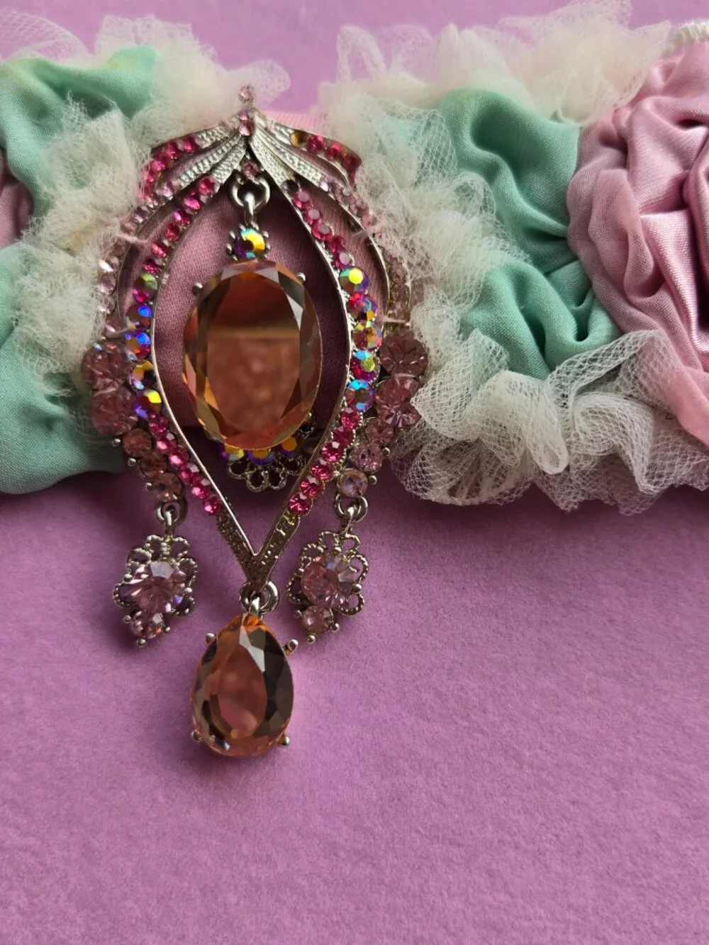 Handmade Light Pink Satin Rose and Crystal Sash Romantic Fairycore